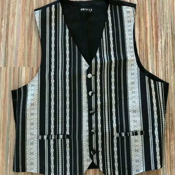 Bracci Formal Black Satin & Silver Metallic Vest Size Large 42" Chest - Picture 2 of 7